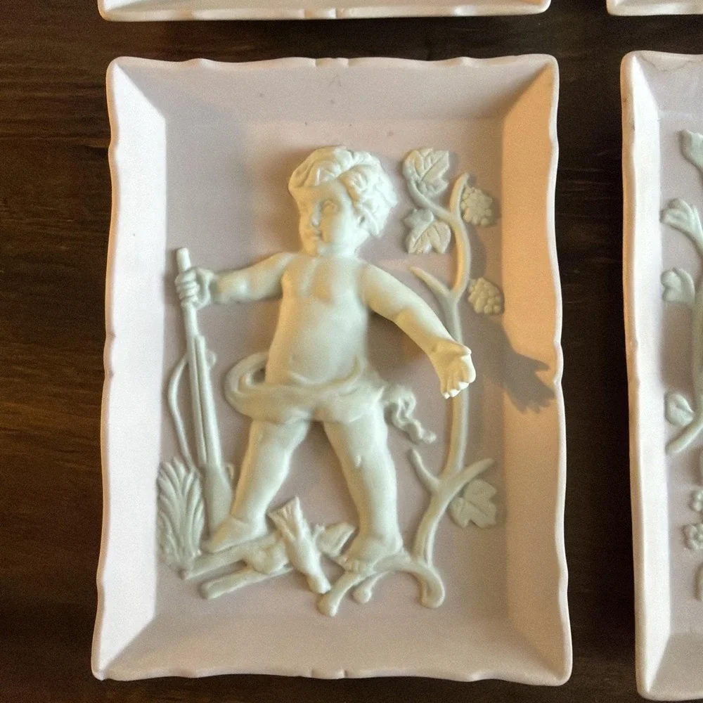Full set of 4 Vintage Bisque wall plaques with white cherubs - Andrea by Sadek